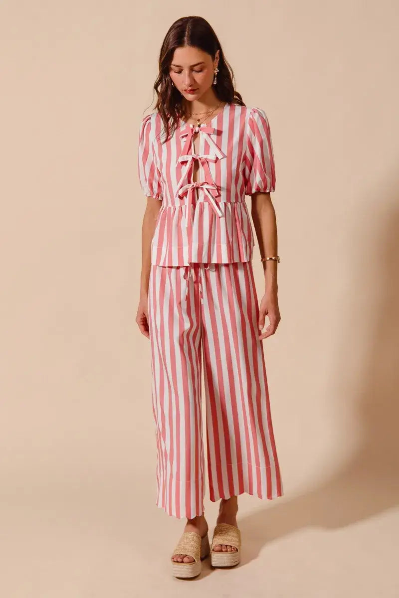 SO ME Front Tie Stripe Top With Puff Sleeves and Wide Leg Pants Set
