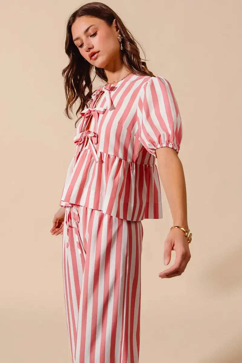 SO ME Front Tie Stripe Top With Puff Sleeves and Wide Leg Pants Set