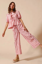 SO ME Front Tie Stripe Top With Puff Sleeves and Wide Leg Pants Set