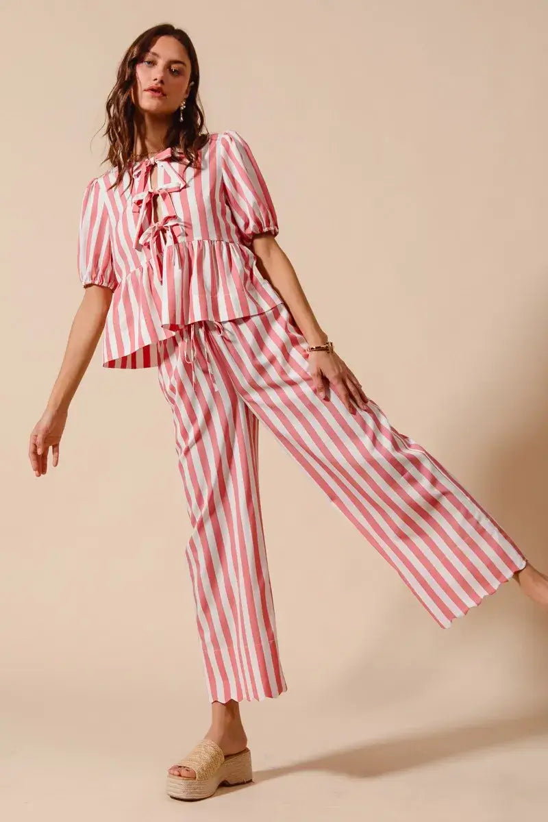SO ME Front Tie Stripe Top With Puff Sleeves and Wide Leg Pants Set