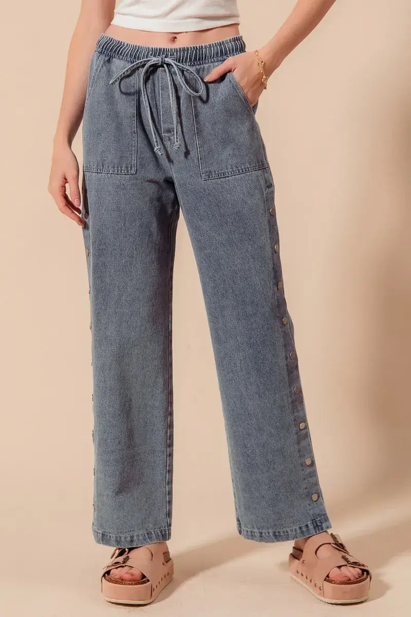 SO ME Mid Rise Drawstring Jeans with Side Snap Button