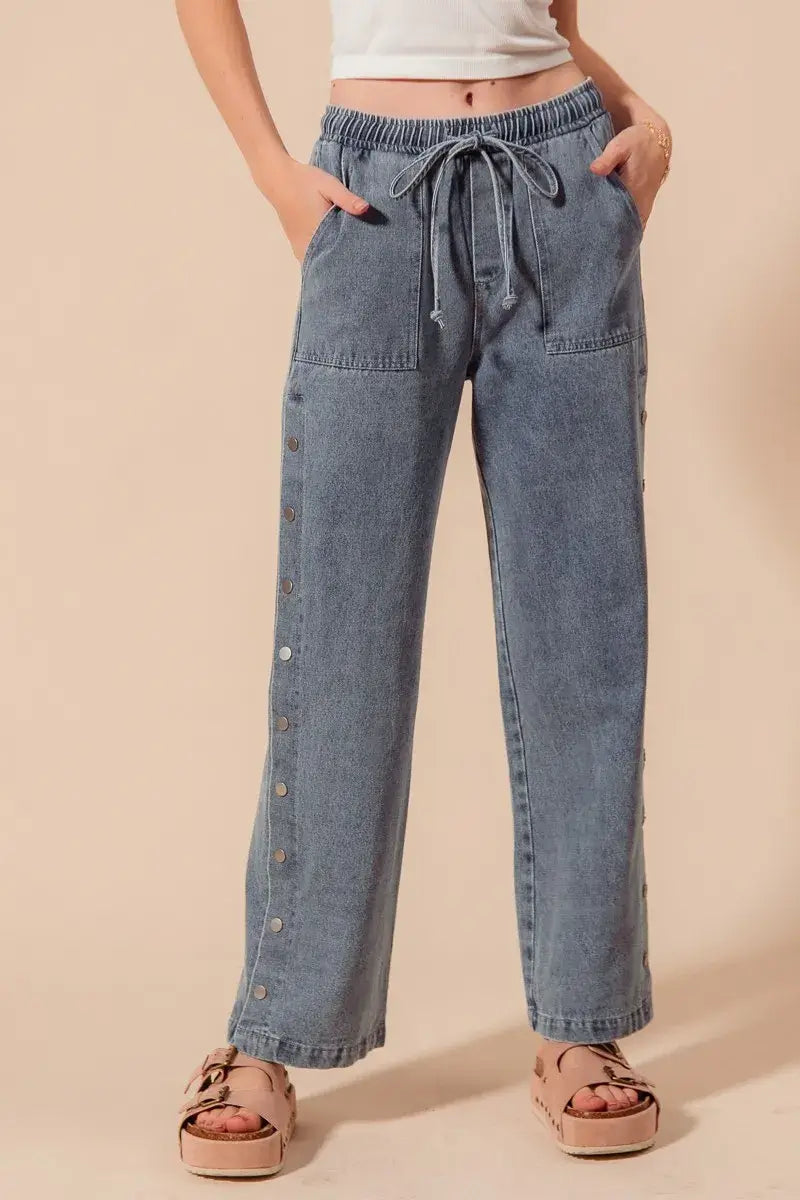 SO ME Mid Rise Drawstring Jeans with Side Snap Button