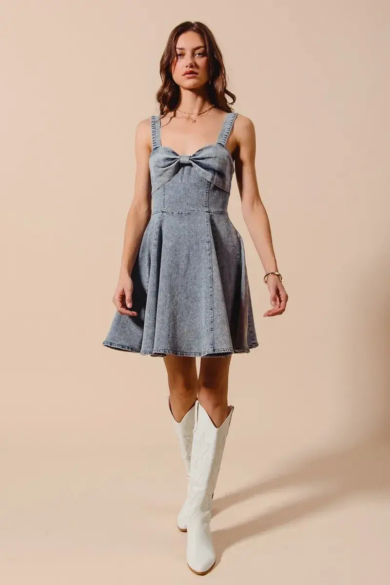 SO ME Mineral Washed Bow Ribbon Denim Flare Dress