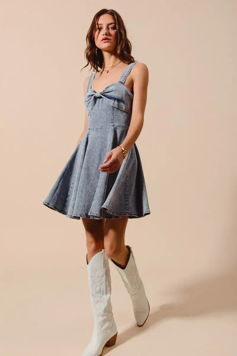 SO ME Mineral Washed Bow Ribbon Denim Flare Dress