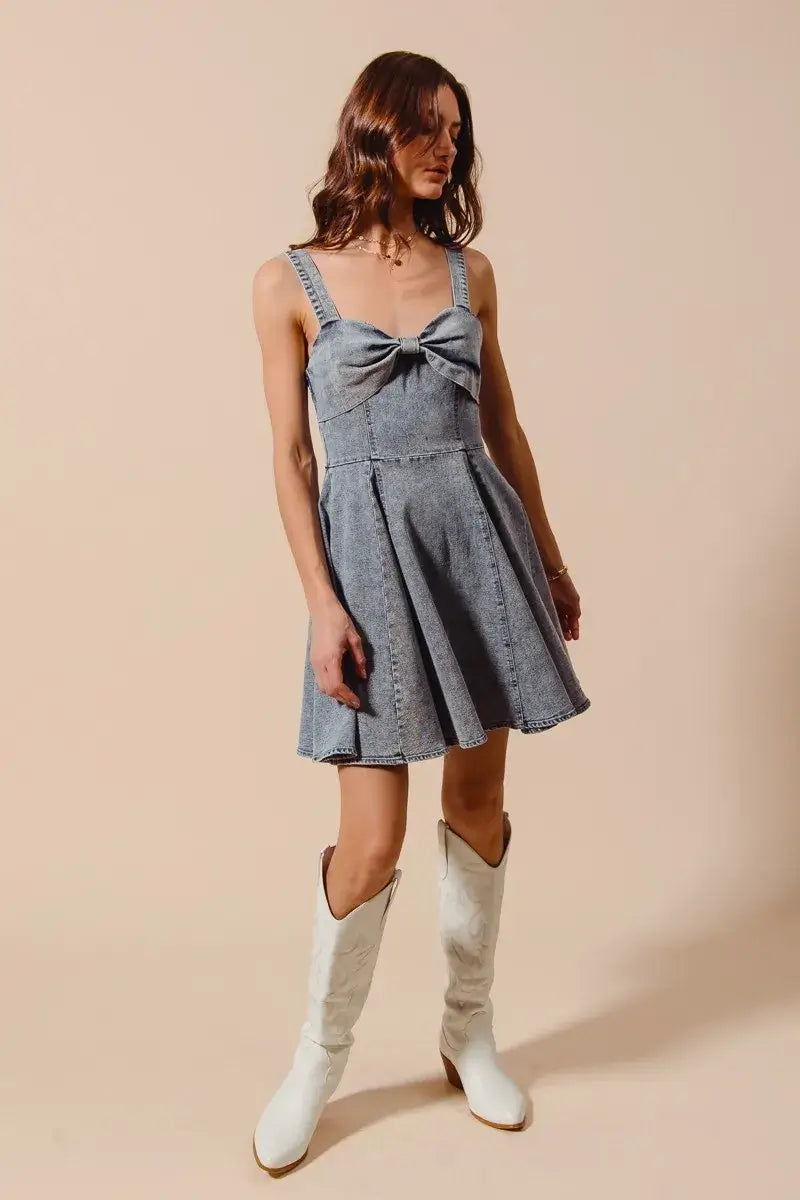 SO ME Mineral Washed Bow Ribbon Denim Flare Dress