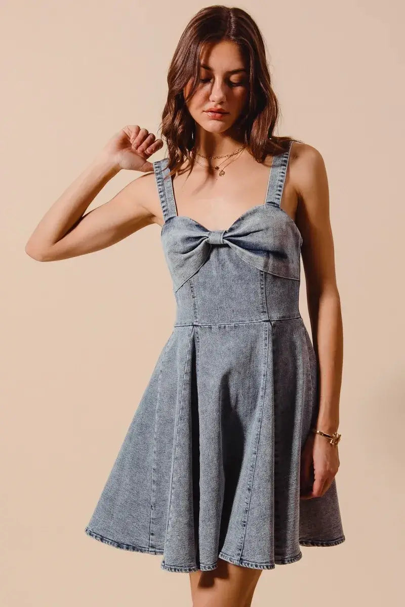 SO ME Mineral Washed Bow Ribbon Denim Flare Dress