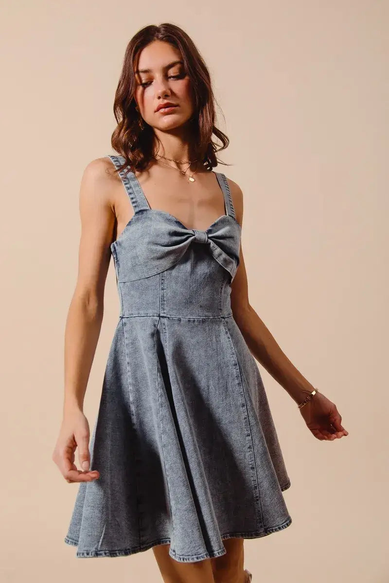 SO ME Mineral Washed Bow Ribbon Denim Flare Dress