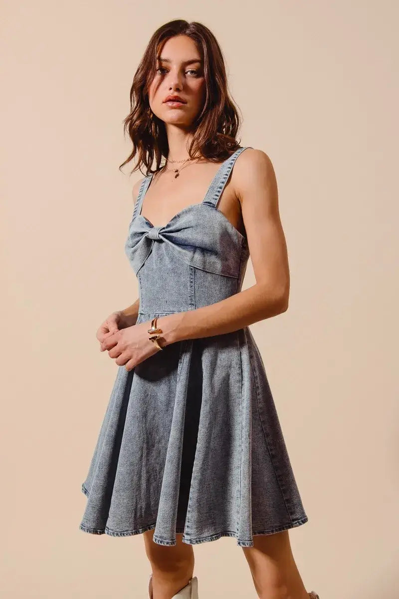 SO ME Mineral Washed Bow Ribbon Denim Flare Dress