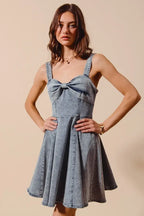 SO ME Mineral Washed Bow Ribbon Denim Flare Dress