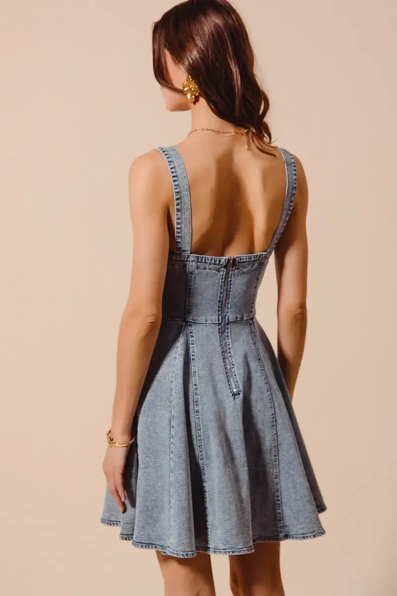 SO ME Mineral Washed Bow Ribbon Denim Flare Dress