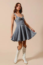 SO ME Mineral Washed Bow Ribbon Denim Flare Dress