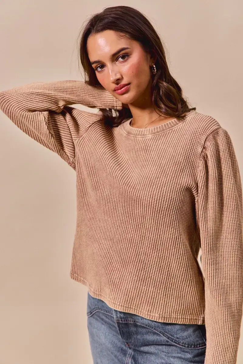SO ME Mineral Washed Waffle Top With Puff Sleeves
