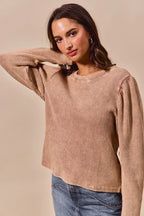 SO ME Mineral Washed Waffle Top With Puff Sleeves