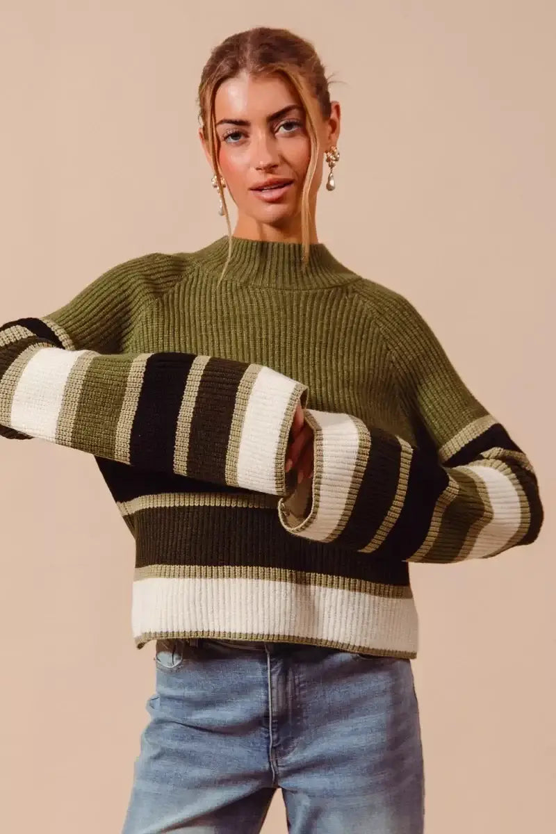 SO ME Multi Color Striped Mock Neck Sweater