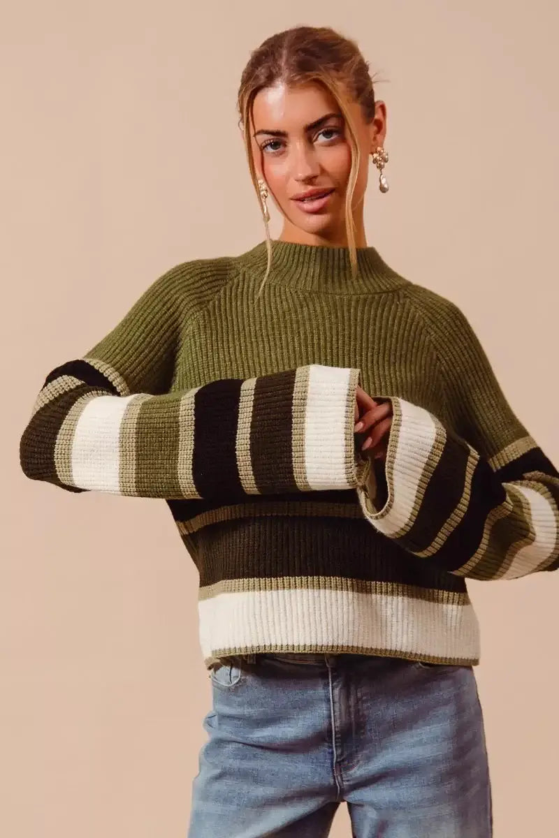 SO ME Multi Color Striped Mock Neck Sweater
