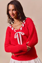 SO ME Satin Tape Braided Ribbon Tie V Neck Sweater
