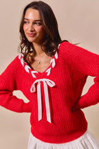 SO ME Satin Tape Braided Ribbon Tie V Neck Sweater