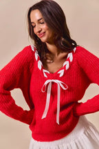 SO ME Satin Tape Braided Ribbon Tie V Neck Sweater