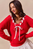 SO ME Satin Tape Braided Ribbon Tie V Neck Sweater
