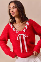 SO ME Satin Tape Braided Ribbon Tie V Neck Sweater