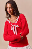 SO ME Satin Tape Braided Ribbon Tie V Neck Sweater