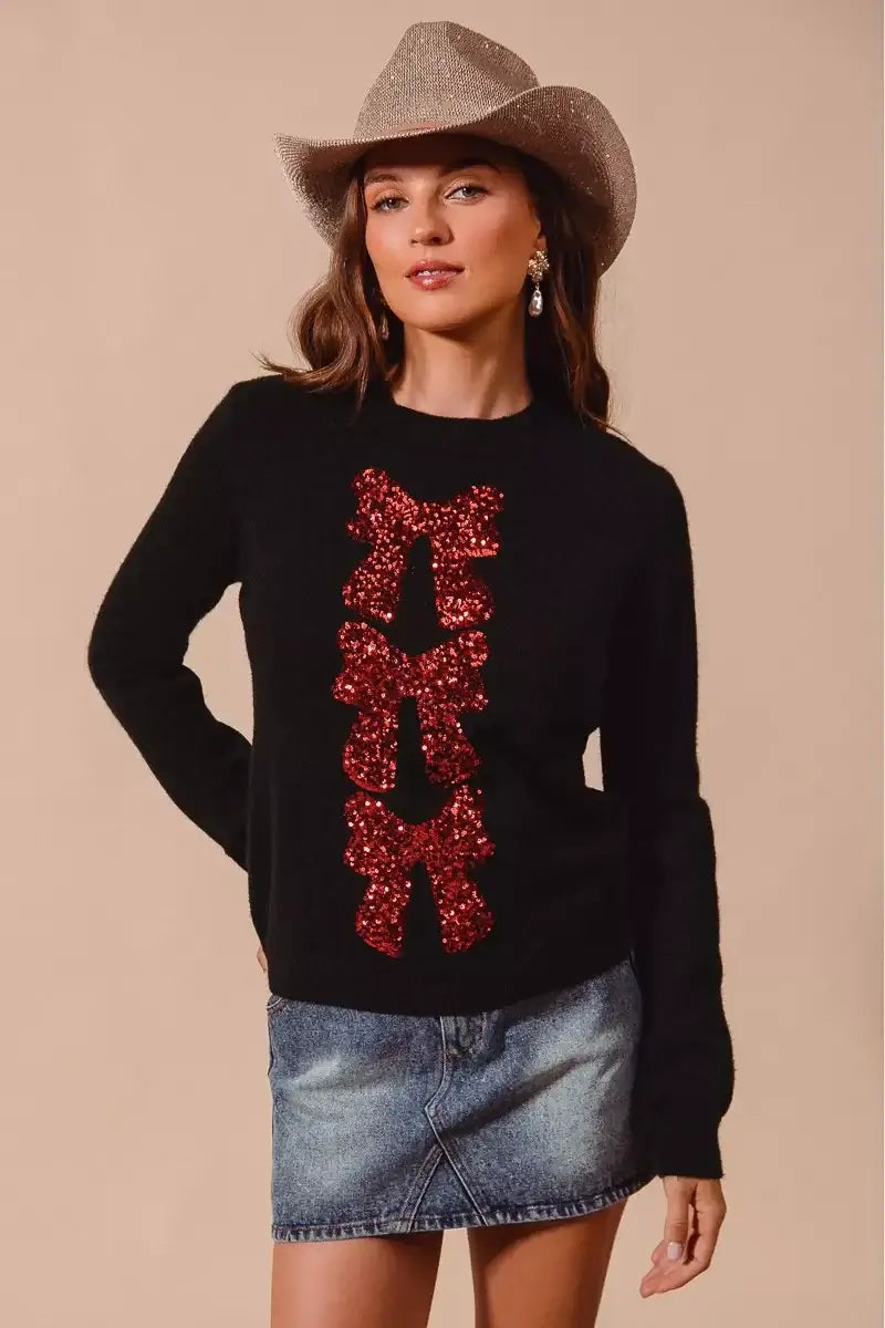SO ME Sequins Bow Ribbon Embellished Christmas Sweater Image principale du produit