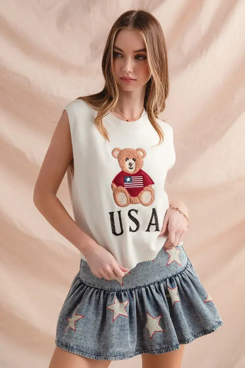 SO ME Teddy Bear Wearing An American Flag With Usa Embroidered Sweater Vest Hauptbild