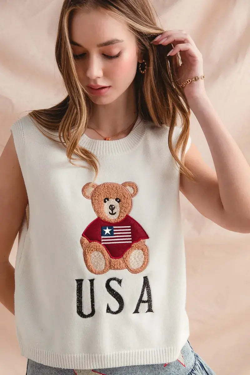 SO ME Teddy Bear Wearing An American Flag With Usa Embroidered Sweater Vest