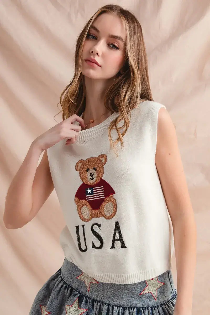 SO ME Teddy Bear Wearing An American Flag With Usa Embroidered Sweater Vest