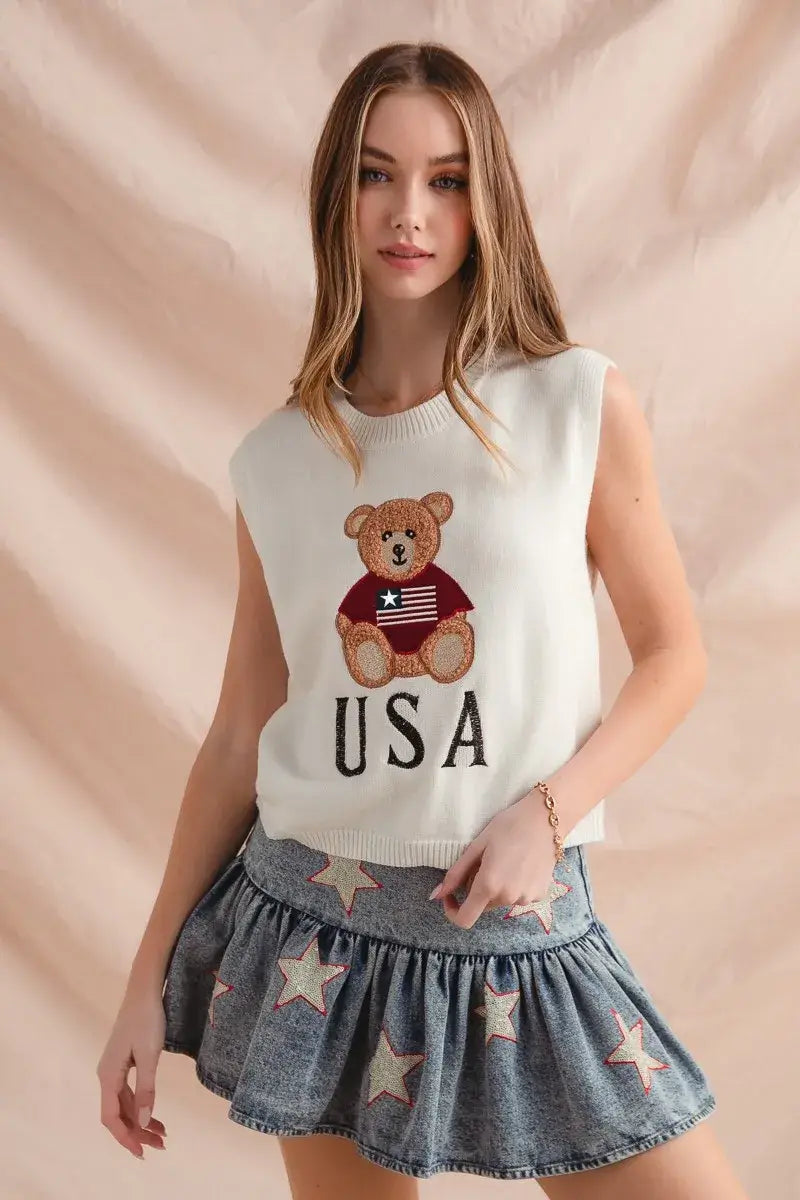 SO ME Teddy Bear Wearing An American Flag With Usa Embroidered Sweater Vest