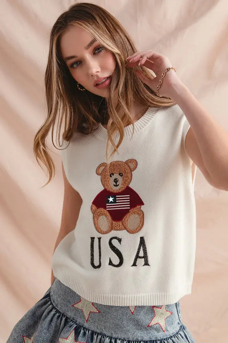 SO ME Teddy Bear Wearing An American Flag With Usa Embroidered Sweater Vest
