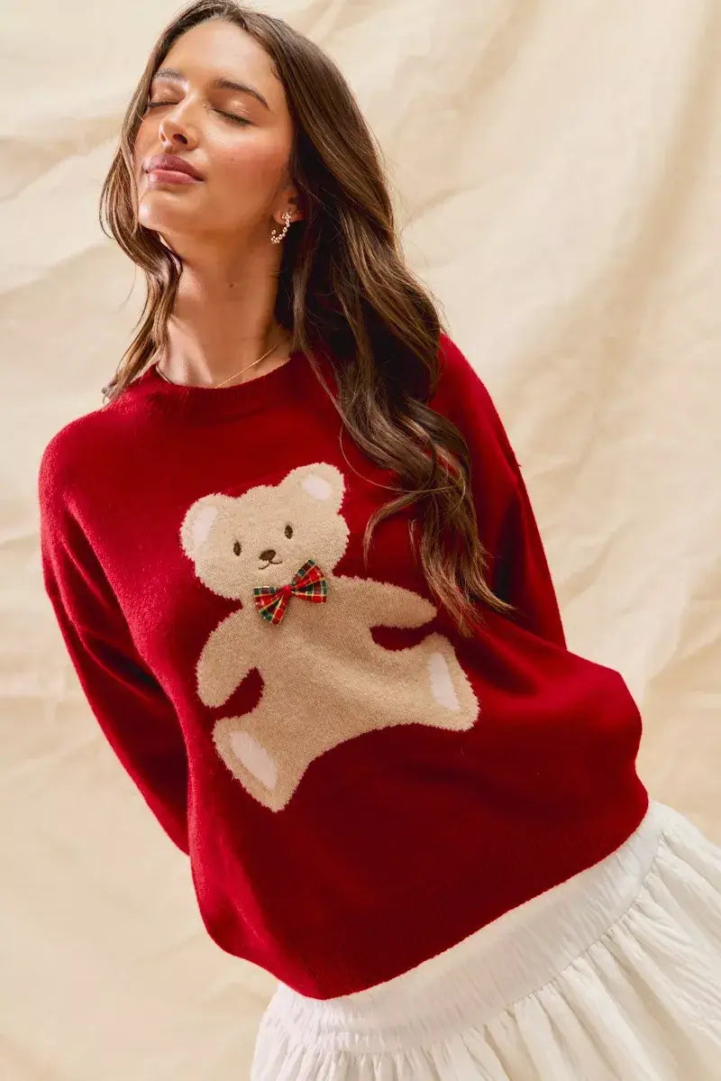 SO ME Teddy Bear With Check Ribbon Christmas Sweater Image principale du produit