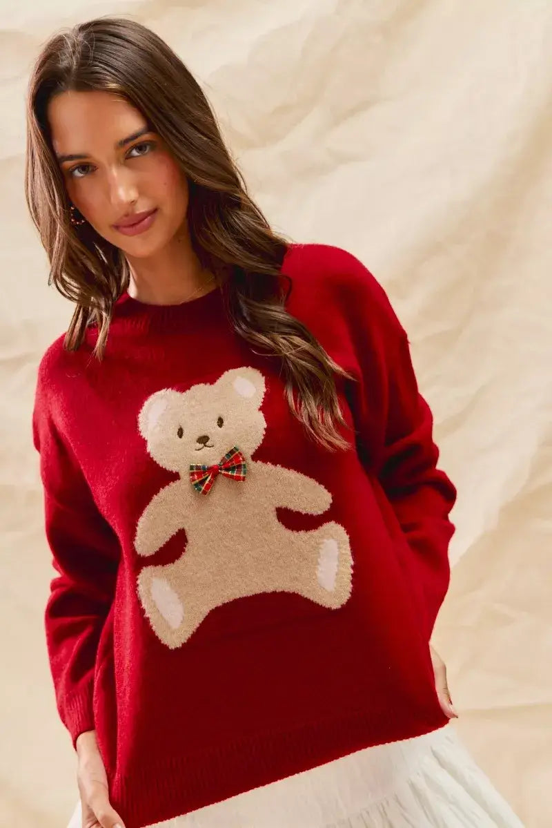 SO ME Teddy Bear With Check Ribbon Christmas Sweater