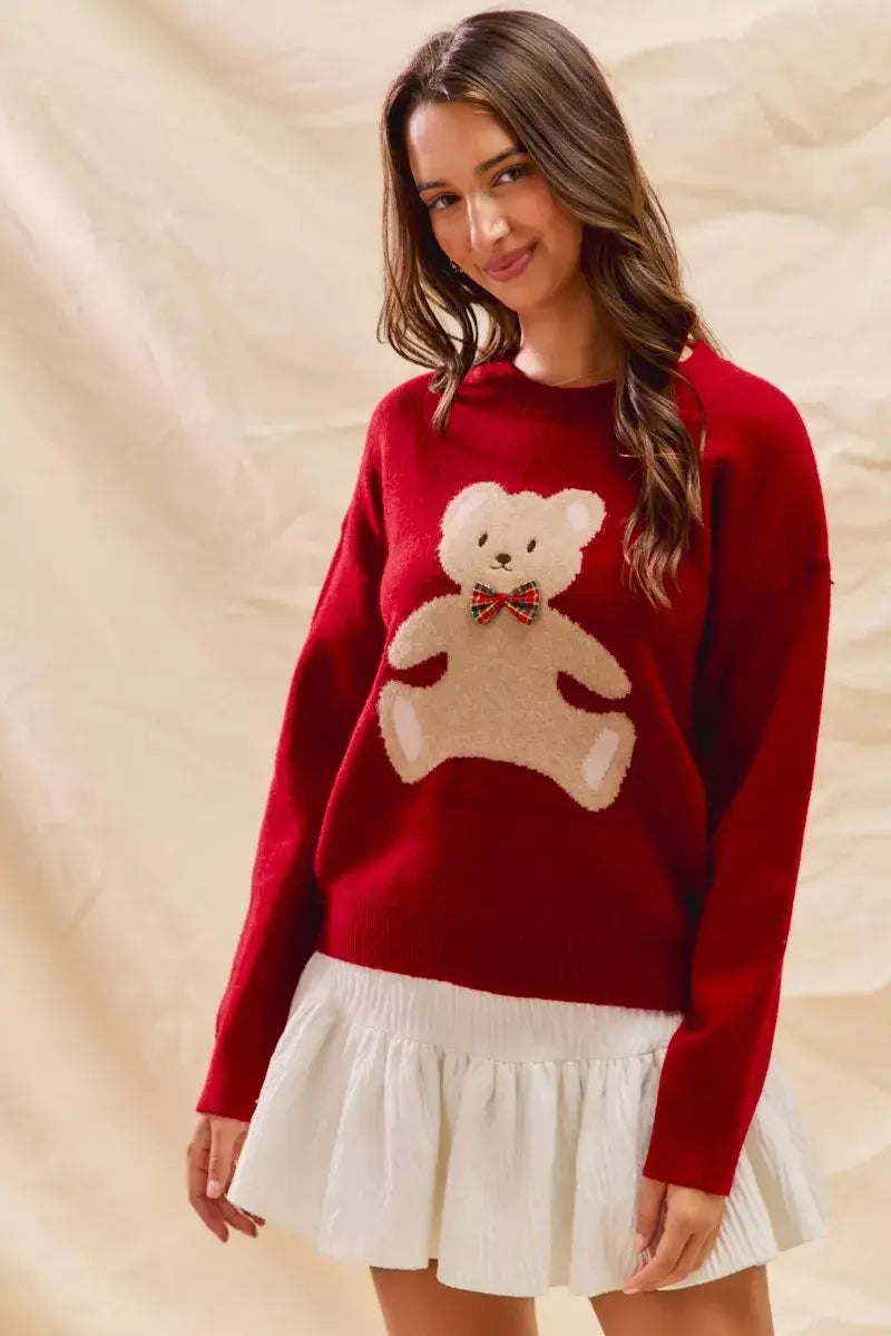 SO ME Teddy Bear With Check Ribbon Christmas Sweater