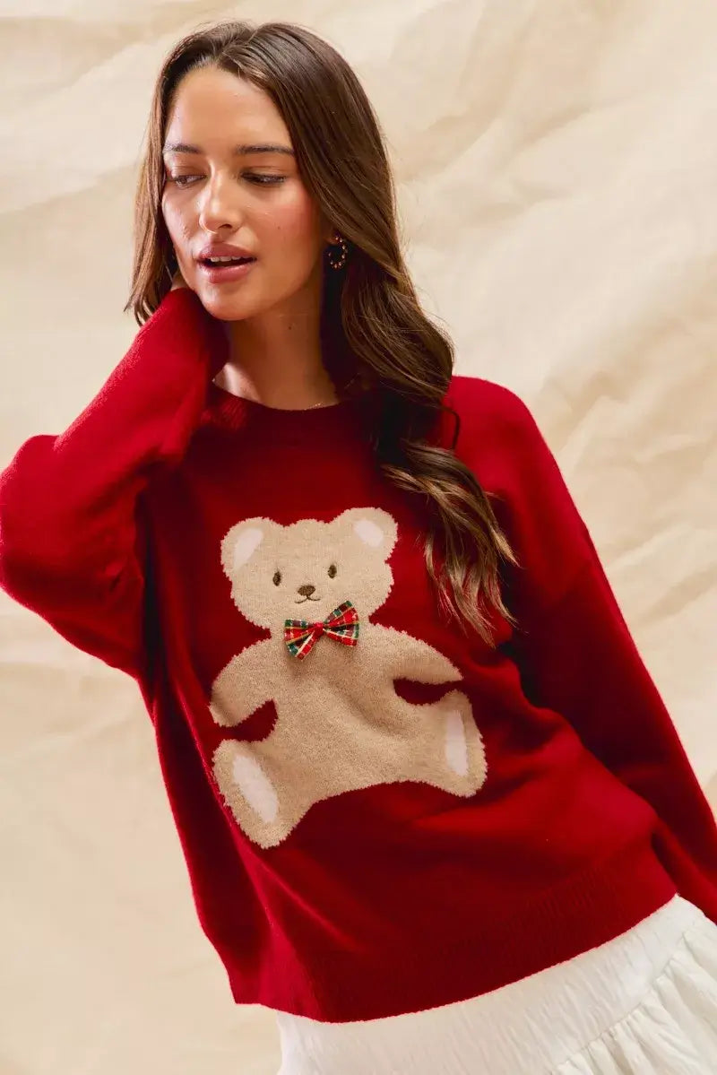 SO ME Teddy Bear With Check Ribbon Christmas Sweater