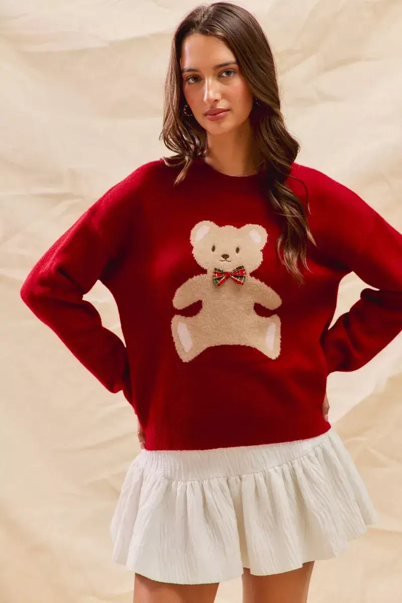 SO ME Teddy Bear With Check Ribbon Christmas Sweater
