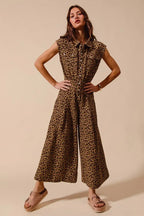 SO ME Wide Leg Leopard Twill Overalls Jumpsuit with Tuck