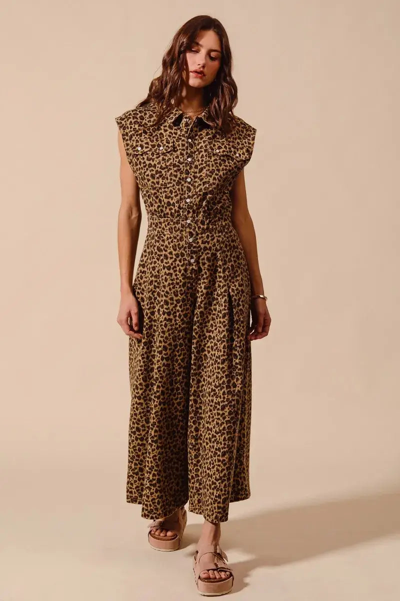 SO ME Wide Leg Leopard Twill Overalls Jumpsuit with Tuck