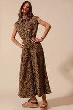 SO ME Wide Leg Leopard Twill Overalls Jumpsuit with Tuck