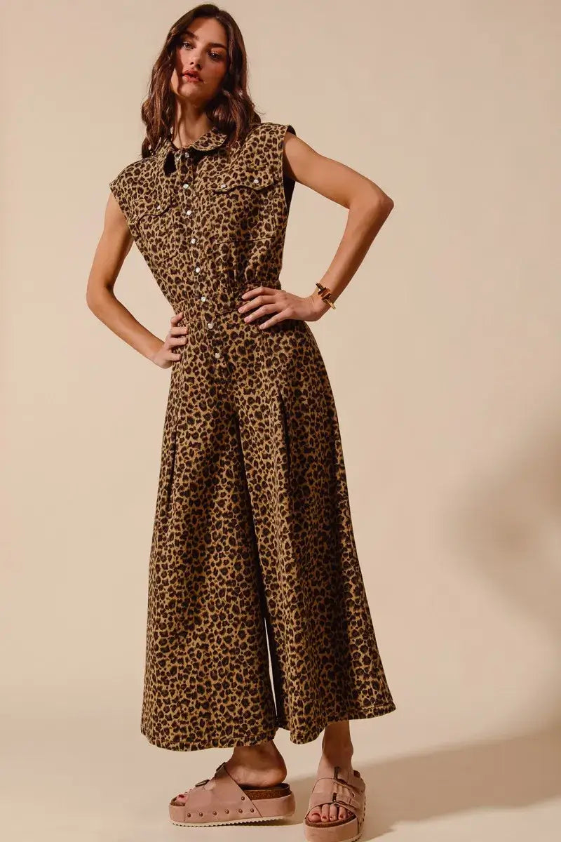 SO ME Wide Leg Leopard Twill Overalls Jumpsuit with Tuck