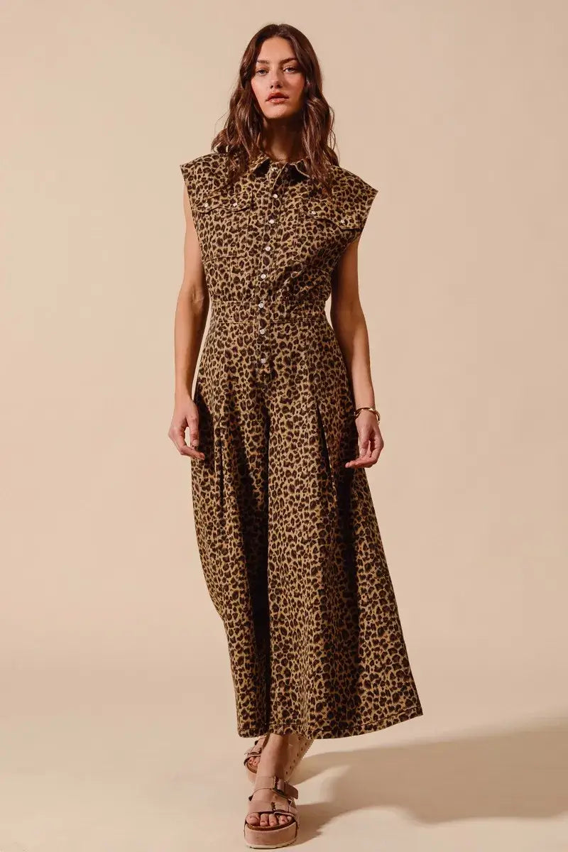 SO ME Wide Leg Leopard Twill Overalls Jumpsuit with Tuck