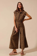 SO ME Wide Leg Leopard Twill Overalls Jumpsuit with Tuck