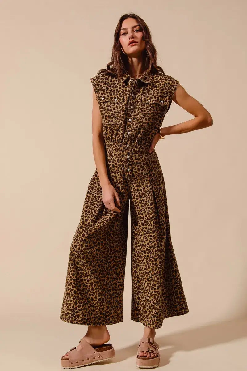 SO ME Wide Leg Leopard Twill Overalls Jumpsuit with Tuck