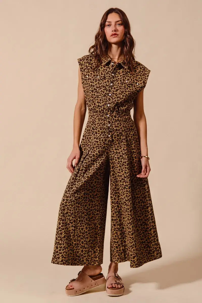 SO ME Wide Leg Leopard Twill Overalls Jumpsuit with Tuck