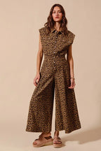 SO ME Wide Leg Leopard Twill Overalls Jumpsuit with Tuck