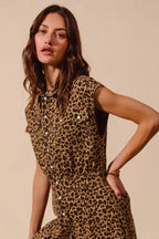 SO ME Wide Leg Leopard Twill Overalls Jumpsuit with Tuck