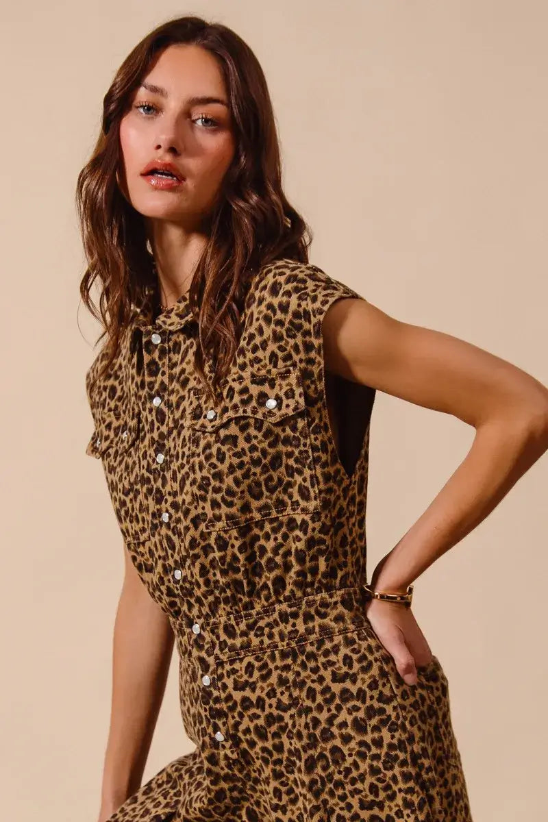 SO ME Wide Leg Leopard Twill Overalls Jumpsuit with Tuck