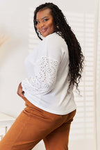 Shiny Eyelet Dropped Shoulder Round Neck Blouse