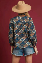 Umgee Abstract Print Ruffle Neck Top