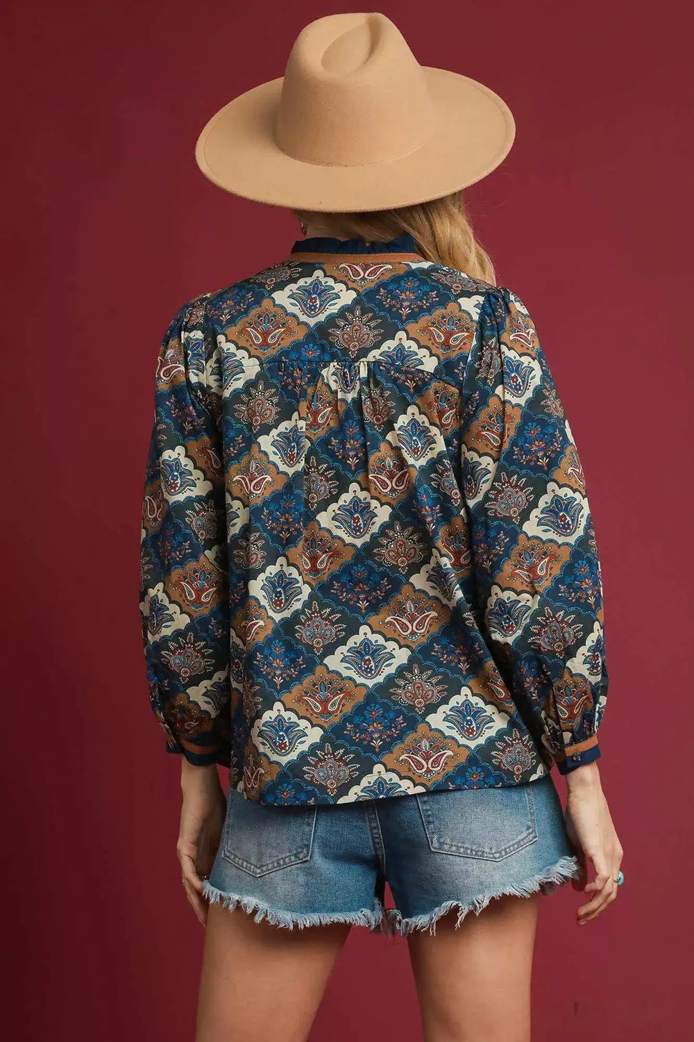 Umgee Abstract Print Ruffle Neck Top